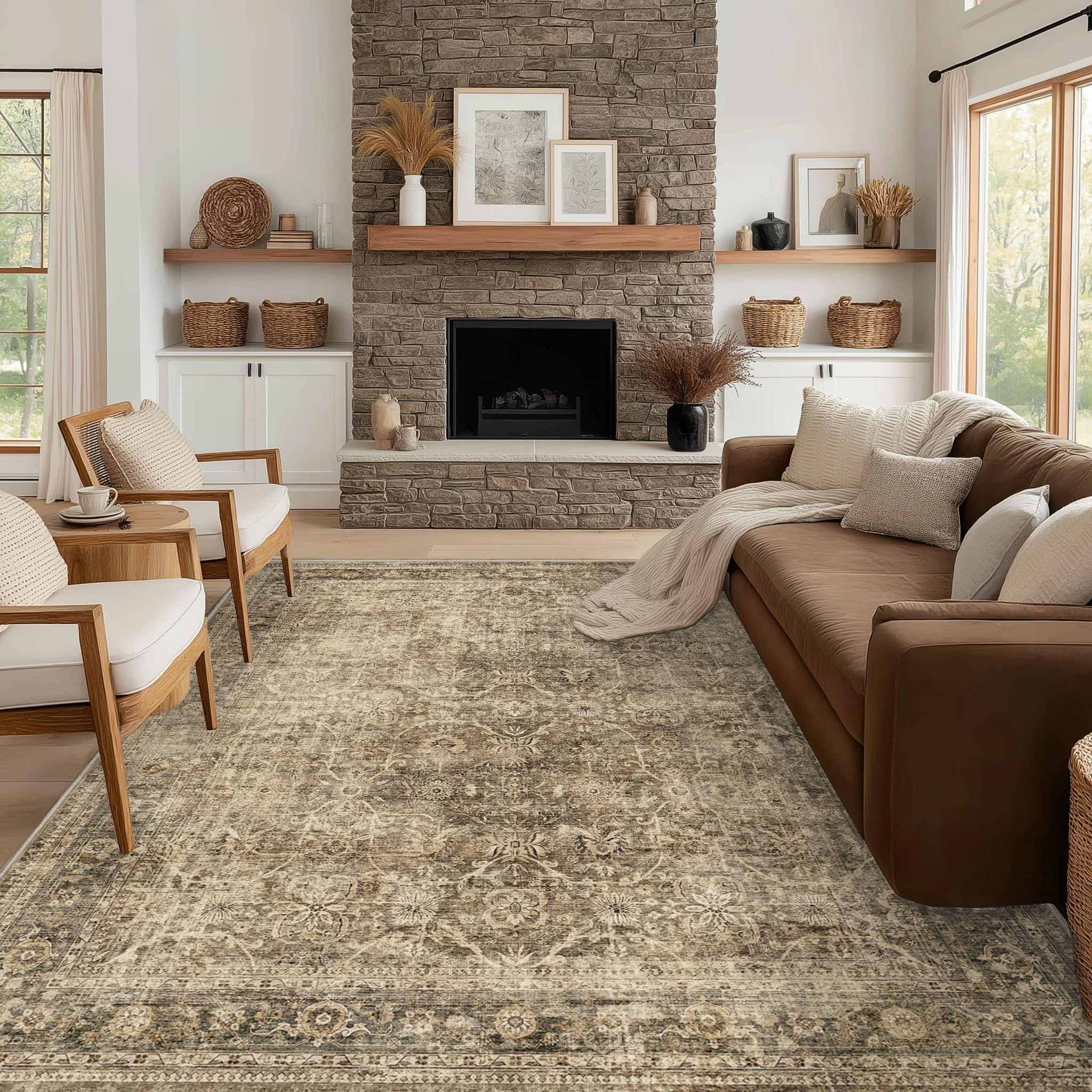 Photo 1 of FMFUNCTEX 12x15 Washable Area Rug Brown Vintage Neutral Distressed Large Non Slip Carpet for Living Room Bedroom Soft Low Pile Indoor Mat Retro Floral Throw Rug for Dining Room Kitchen Office Nursery