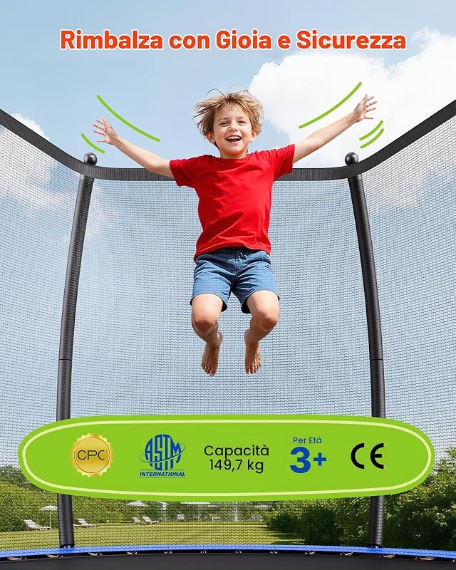 Trampolino Elastico per Bambini, Trampolino da Giardino da 3050 mm con Rete di Protezione e Imbottitura Ispessita, Capacità di 150 kg, Trampolini da Giardino Antiruggine Gioco per Bambini