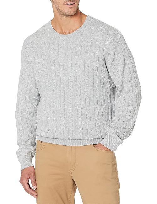 Amazon Essentials Men's Crewneck Cable Cotton Sweater, Light Grey Heather, X-Small