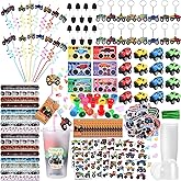 HyDren 211 Pcs Truck Included Gift Cup Straw Keychain Slap Bracelet Mini Truck Sticker Stamper Card Tattoo Sticker Shovel Tag Cable Tie For Birthday Gift Prize