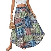 Rooscier Women's Asymmetric Floral Print Ruffle A Line Elastic Waist Boho Flowy Maxi Skirt