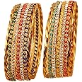 Touchstone "Colorful Bangle Collection Indian Bollywood Rhinestones and Plain Golden Designer Jewelry Bangle Bracelets in Antique Gold Tone for Women.
