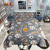 Boys Ball Sports Themed Comforter Set Full Size Baseball Bat Soccer and American Football Bedding Set 3pcs Kids Teens Cartoon Grey Quilt Set Ball Sports Games Duvet Insert Modern Bedroom Decor