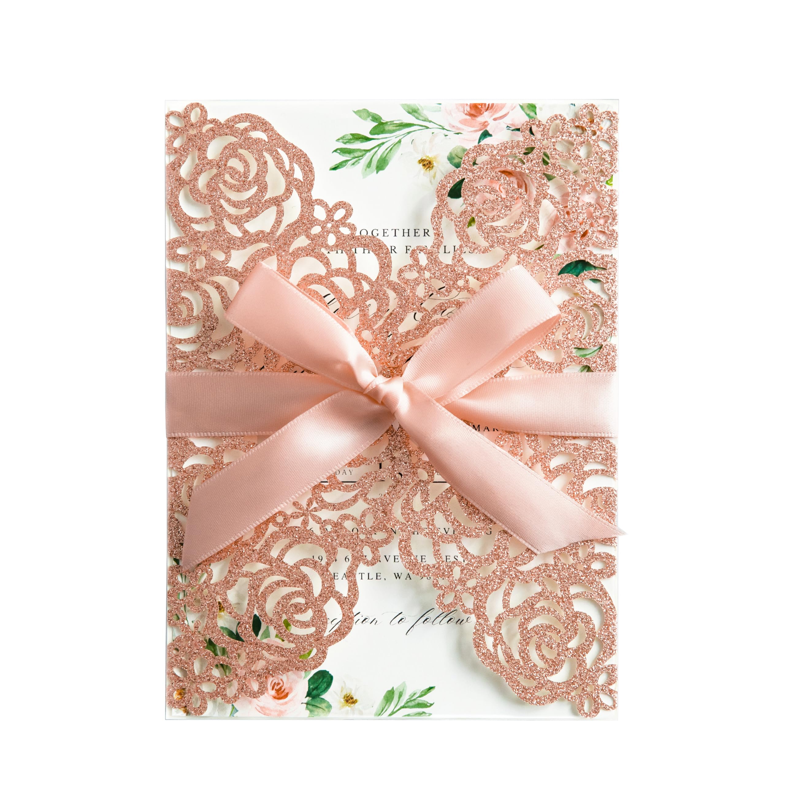 PONATIA 25Pcs 250Gsm 5.12 X 7.1'' Glitter Wedding Invitations Cards Laser Cut Hollow Rose With White Ribbons For Bridal Shower Engagement Birthday Graduation (Rose Gold Glitter)