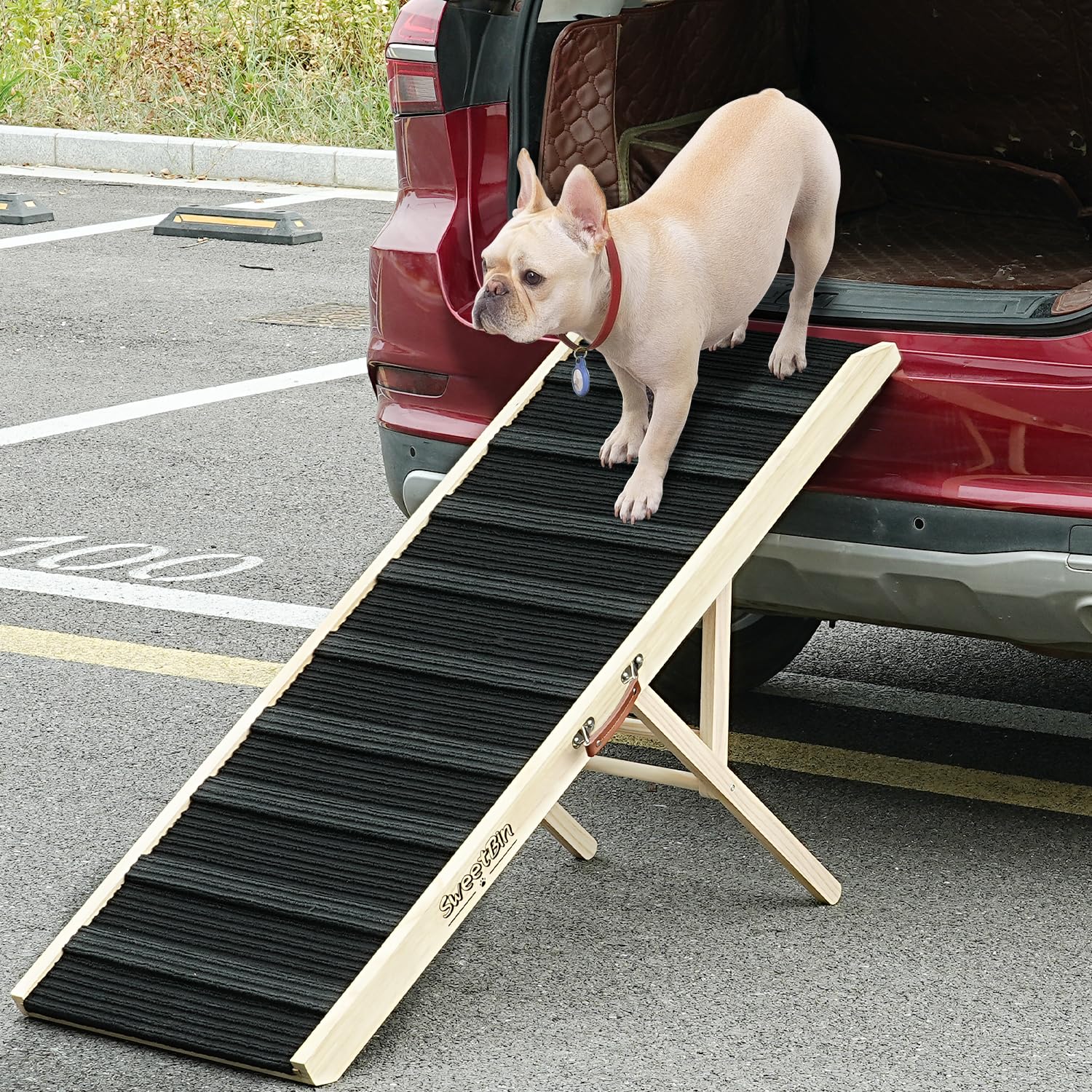 Photo 1 of ***MISSING LEGS AND HAS SPLIT WOOD !!!FINAL SALE USE FOR PARTS!!!!SweetBin Dog Ramp for High Bed - Car Ramp for Dog - Anti-Slip Carpet - 51" Long Adjustable 14"-28" Ramps for Small Large Dogs- Fold Portable Wooden Pet Ramps for Couch, Bed or car