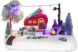 INNODEPT12 Animated Christmas Camper Village Building, Illuminated LED Light Christmas Village House Scene Holiday Collection Indoor Decorations for Table, Fireplace, and Shelf, Musical and Battery Operated