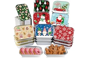BIAWOY 48 Pieces Christmas Treat Foil Containers with Lids, 8 Holiday Designs Christmas Cookie Tins for Gift Giving, Disposable Christmas Food Storage Aluminum Pans for Christmas Leftovers Cookie Container