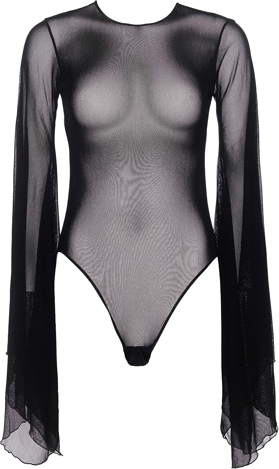 Leg Avenue Womens Mesh bell sleeve thong back bodysuit: Clothing