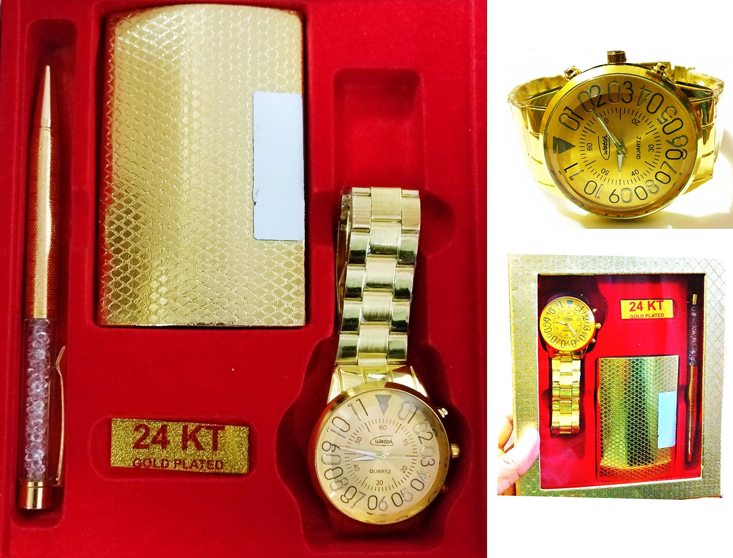 Aqeeq Combo Of Metallic Wrist Watch, Pen And Card Holder