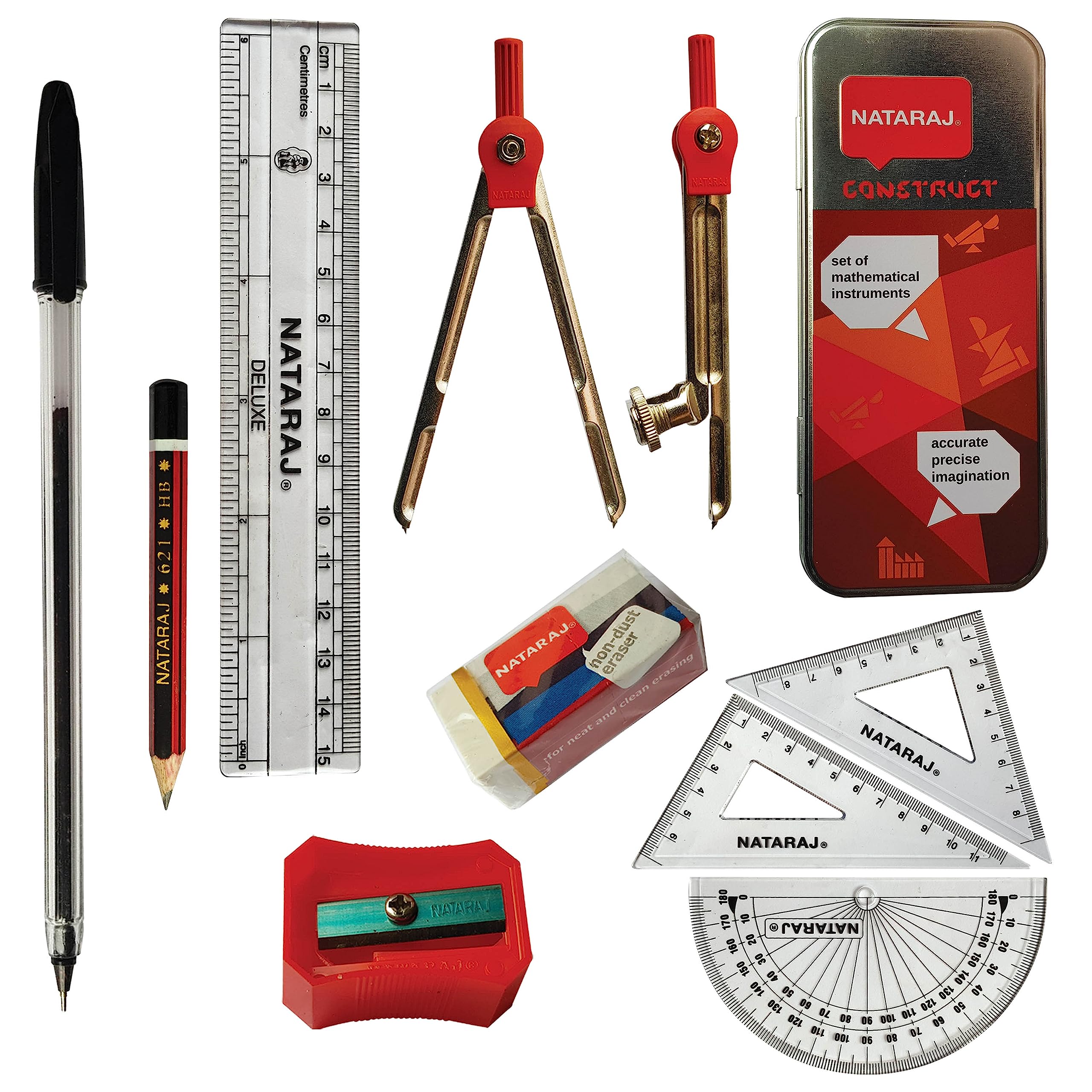 9 Pcs INSTA Maths Geometry Set, Drawing Compass Maths Protractor Ruler Squares Pencil Sharpener Eraser Set for Student Exam Instruments in Tin Case, iZOFAX Black Ball Pen