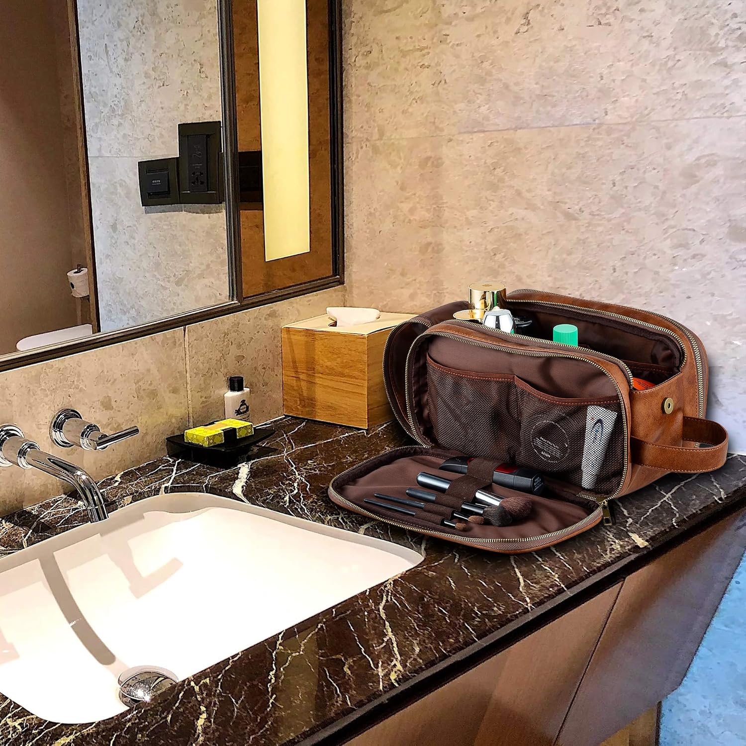 Elviros Toiletry Bag for Men, Large Travel Shaving Dopp Kit Water-resistant Bathroom Toiletries Organizer PU Leather Cosmetic Bags : Beauty