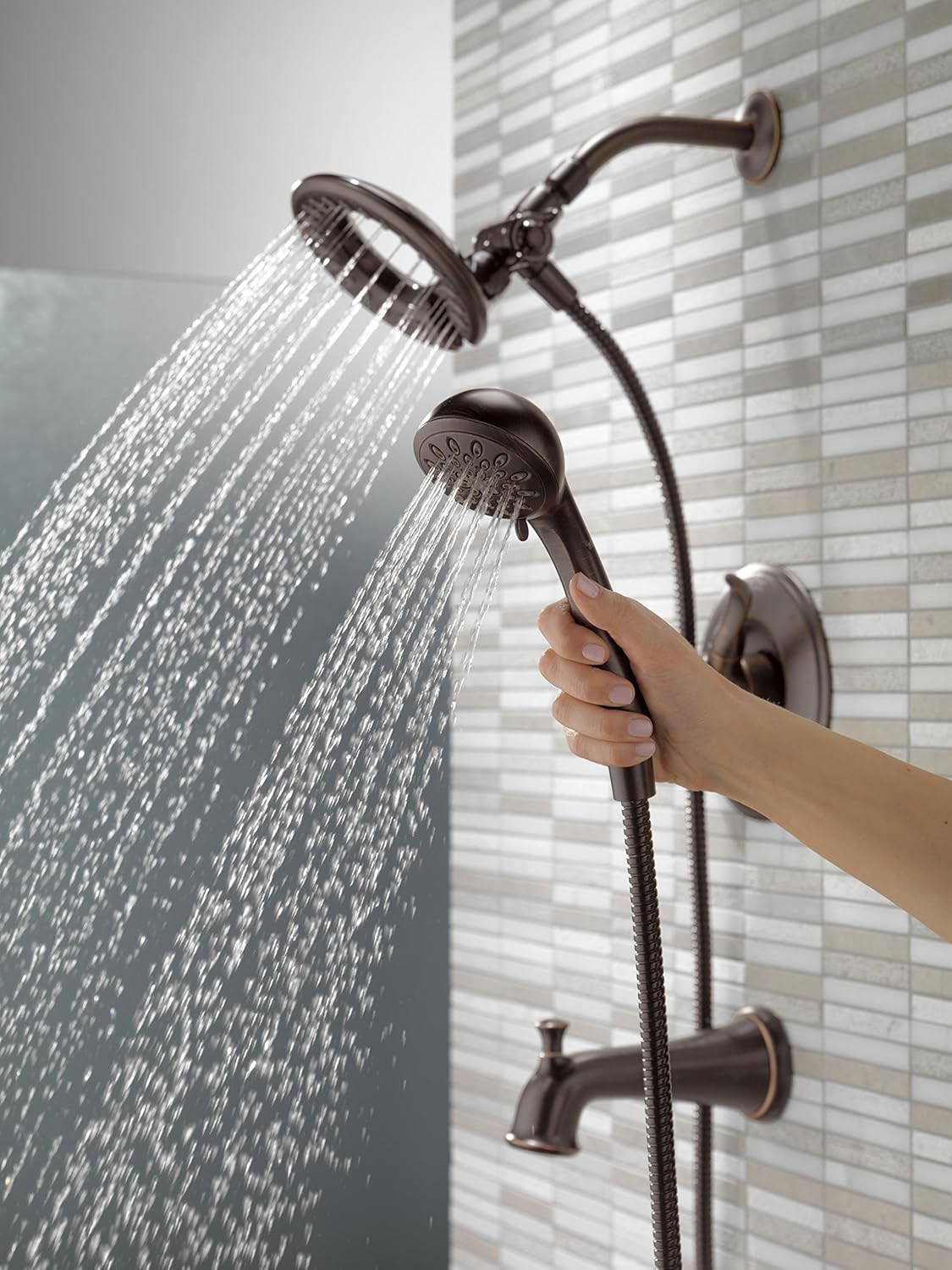 Delta Faucet Linden 17 Series Dual-Function Tub and Shower Trim Kit, Shower Faucet with 4-Spray In2ition 2-in-1 Dual Hand Held Shower Head with Hose, Venetian Bronze T17494-RB-I (Valve Not Included), Without Rough - Hand Held Showerheads - 