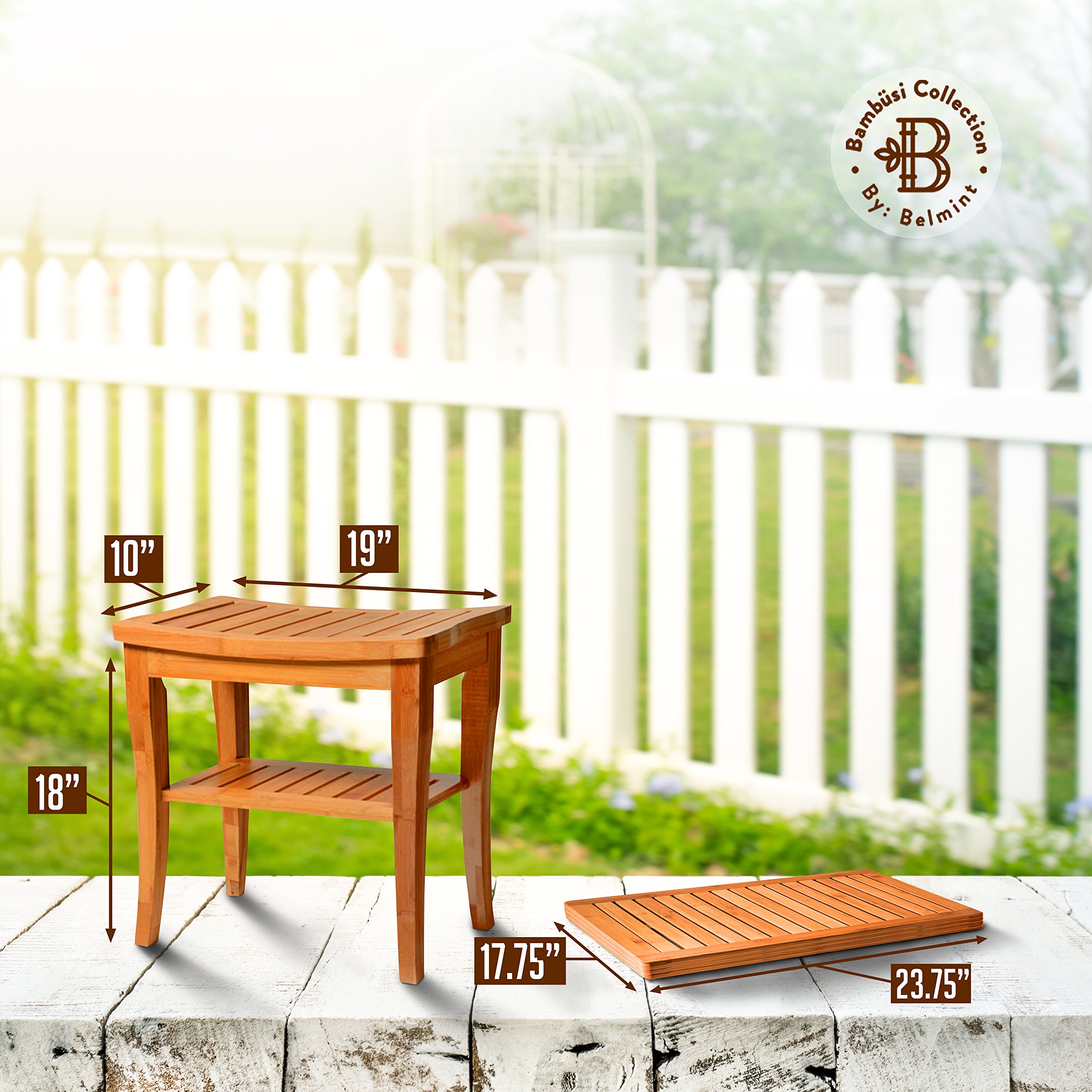 Bamboo Shower Seat Bench with Bathroom Floor Mat for Indoor and Outdoor Decor, Made of Natural Moso Bamboo, Ideal for Home Spa, Shower, and Outdoor Seating in your Garden. By Bambusi