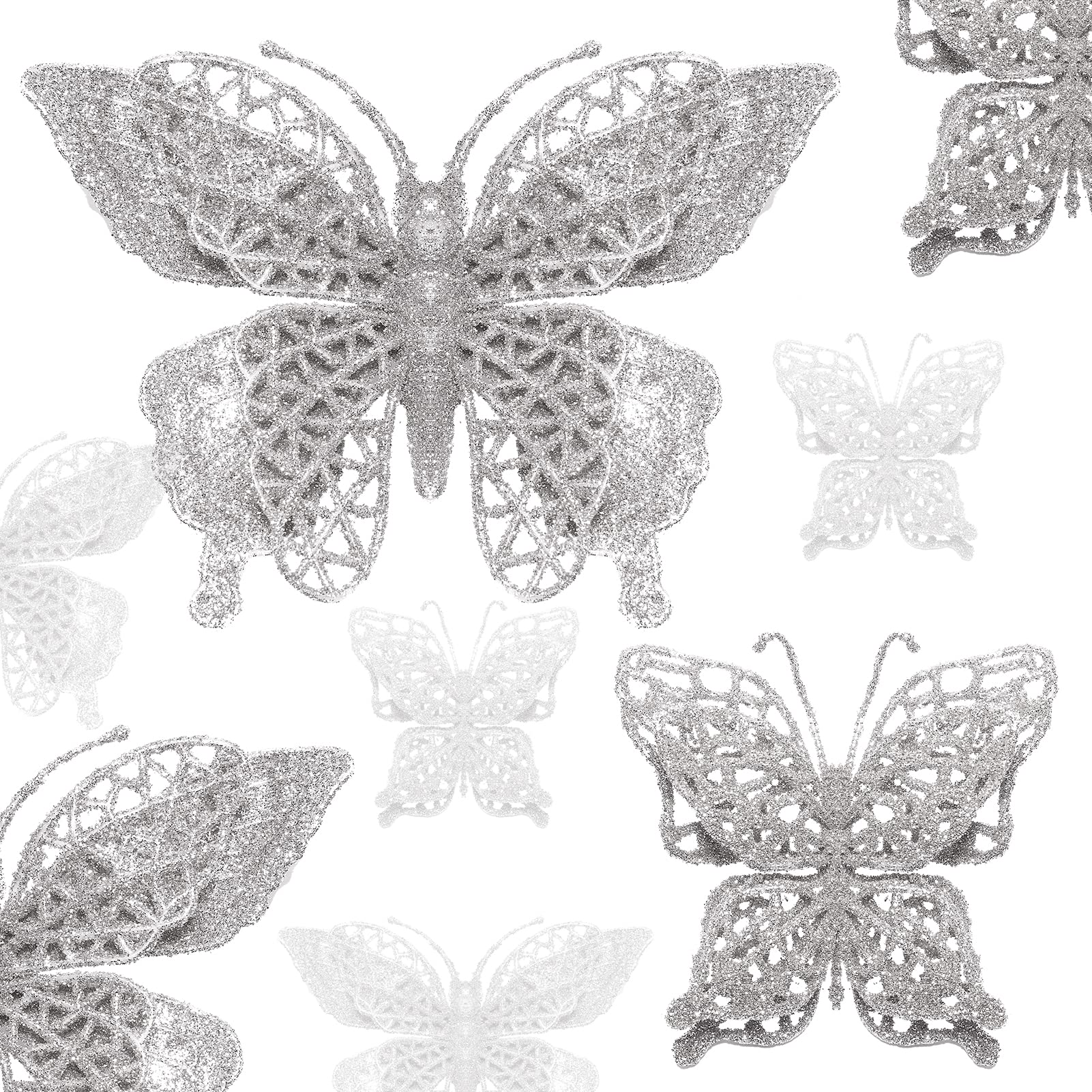 Photo 1 of 16 PCS Glitter Christmas Tree Butterfly Ornaments - 2 Styles Hollow Decorations With Clips, Artificial Ornaments for Christmas Tree, Holiday Crafts - Silver