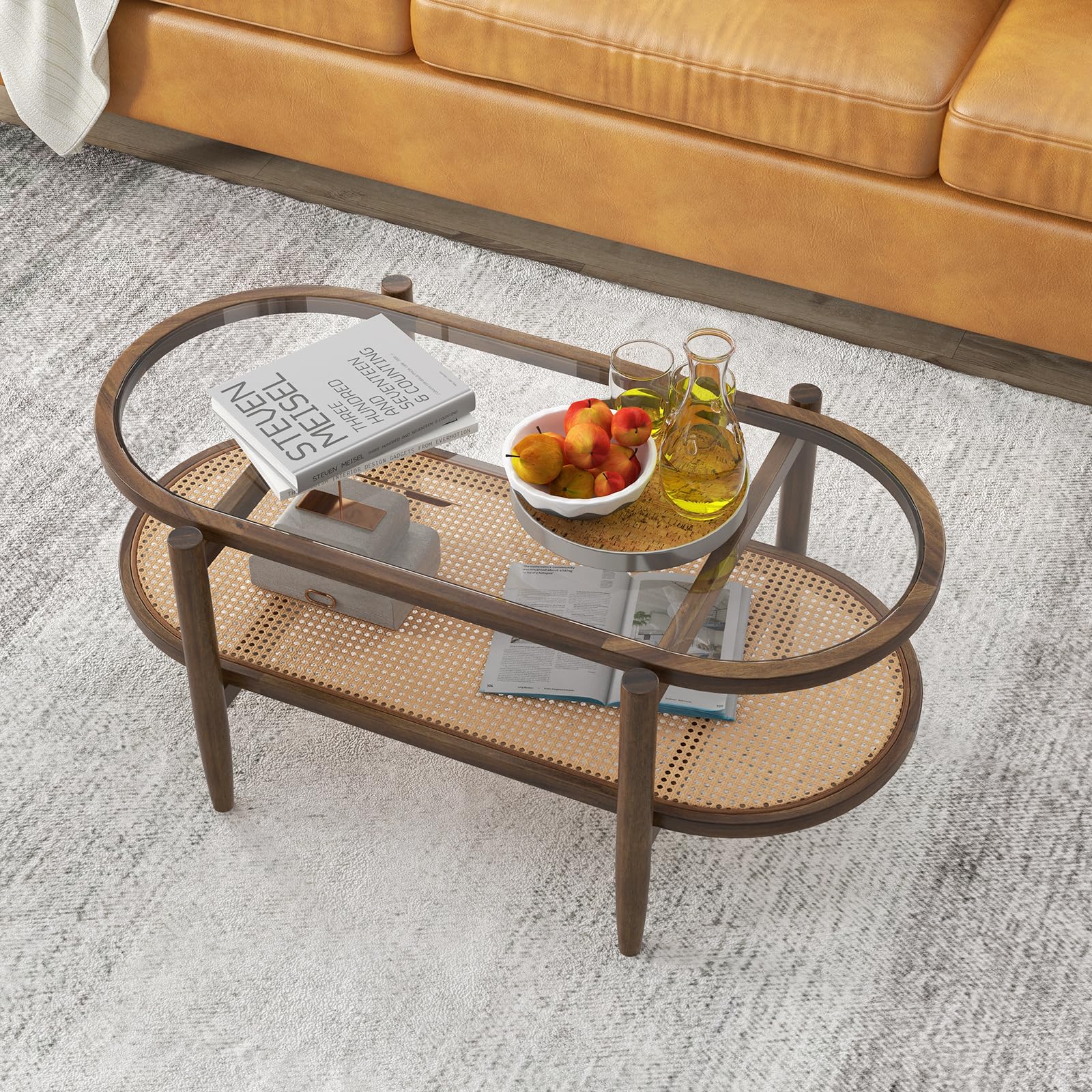 COSTWAY Couchtisch, Beistelltisch mit Glas Tischplatte & Rattan Ablage, Wohnzimmertisch mit Holzbeinen & Holzrahmen, Kaffeetisch für Wohnzimmer, Büro, 102 x 56 x 47 cm (Braun) 9
