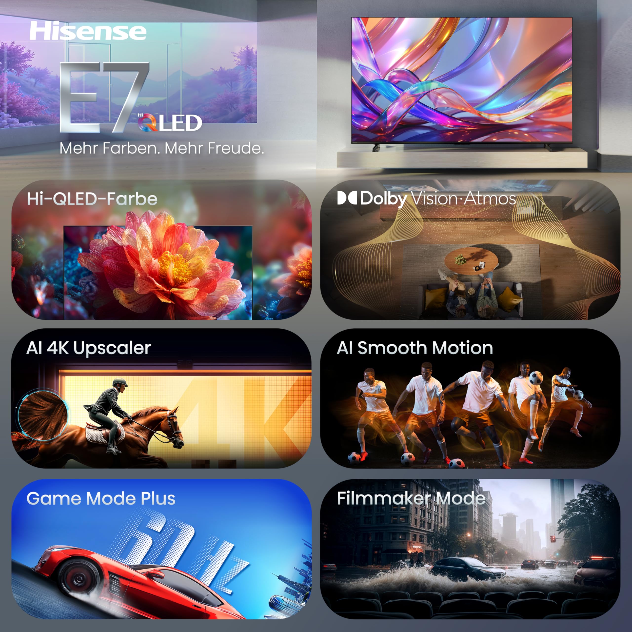 Hisense 58E7DS Fernseher 58 Zoll, 4K UHD QLED, Smart TV, Hi-View AI Engine, 60Hz Game Mode Plus, Dolby Vision IQ, HI-QLED Colour, Filmmaker Mode, AI Smooth Motion, Airplay, Sprachsteuerung[2026] 3