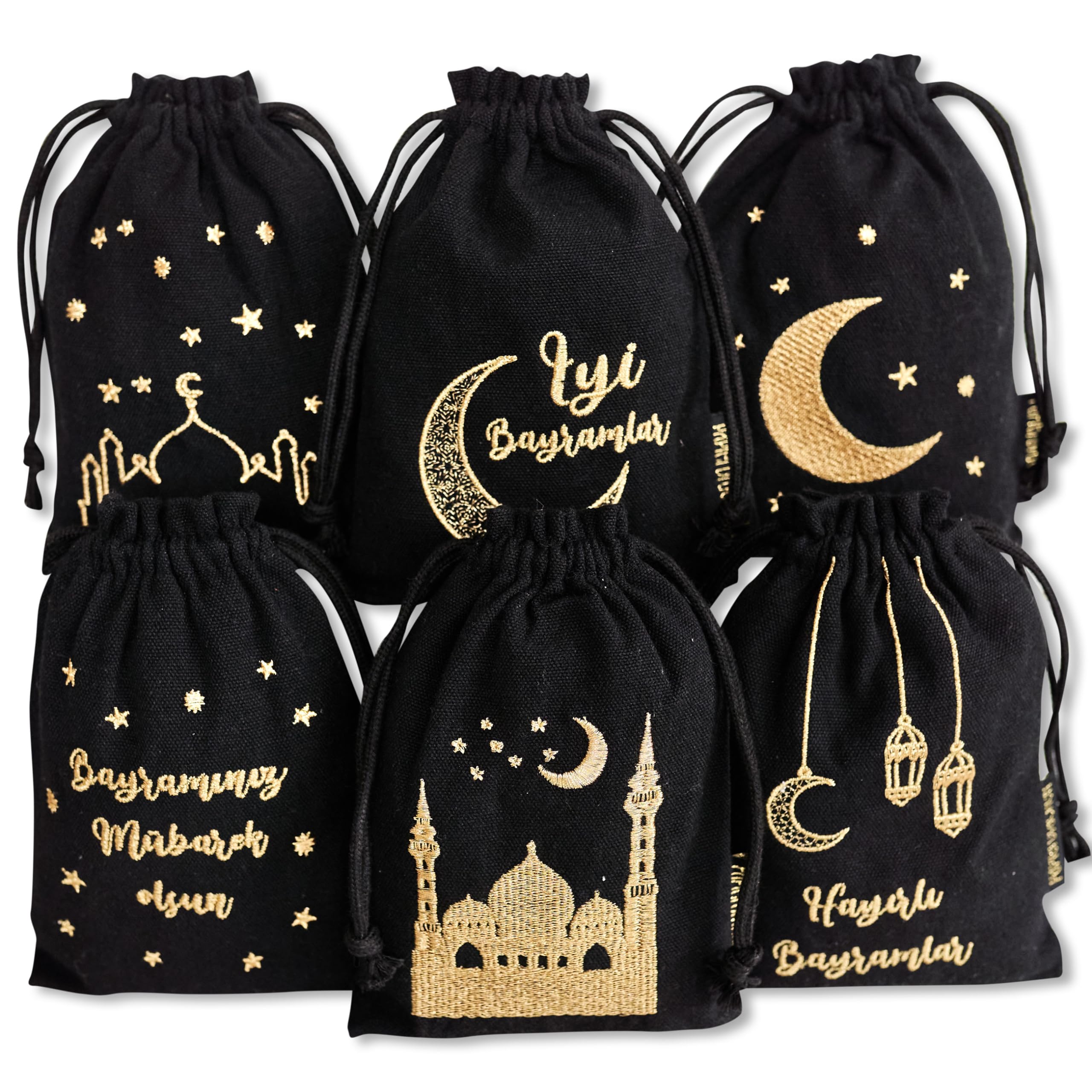 PAPIERDRACHEN 6 Gift Bags to Fill and Give for Sugar Day – Black Bags with Gold Embroidery – Size 13 x 18 cm – Unique Gift Idea – Set of 11