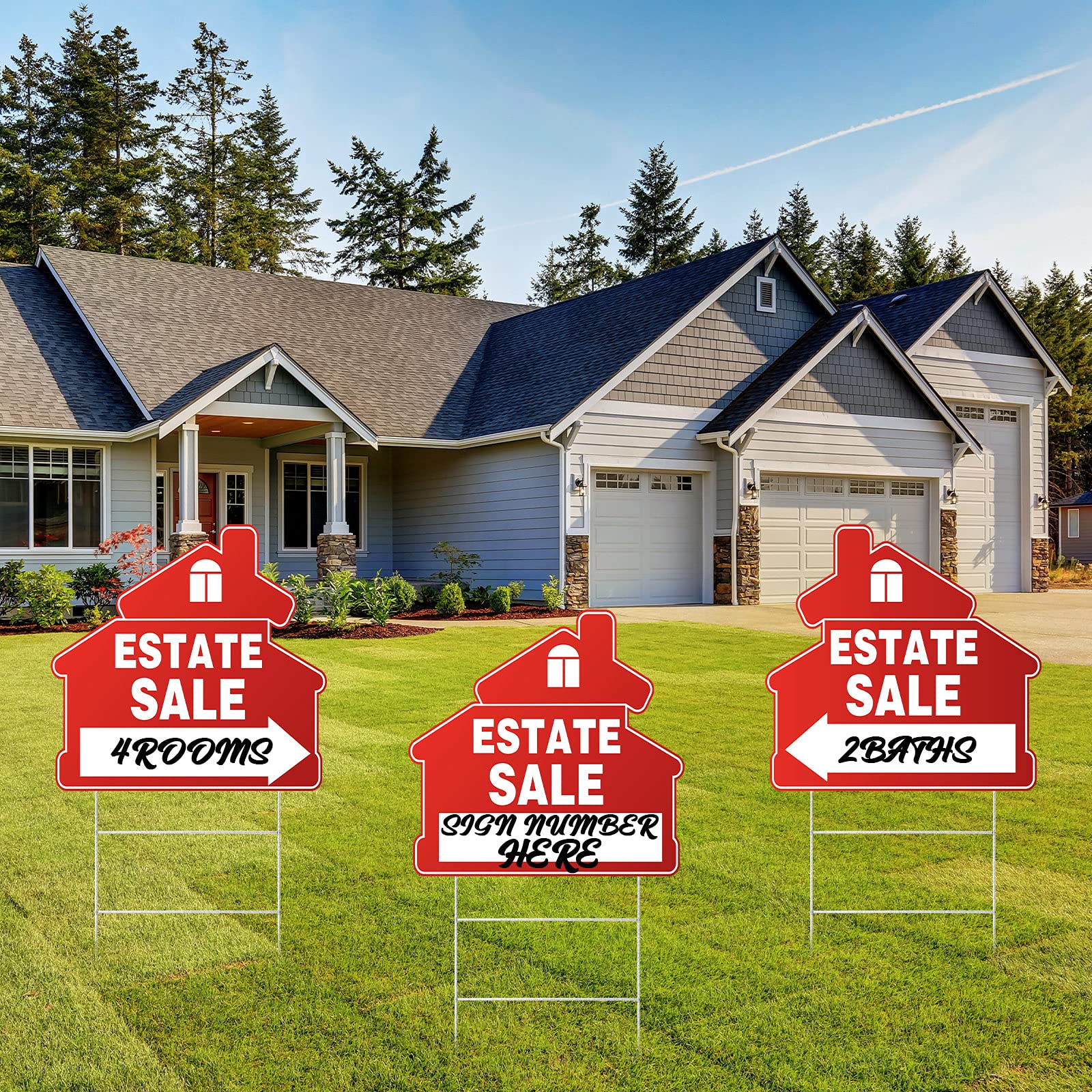 Estate Sale Signs Set 3 Pieces 13 x 13.4 Inch Yard Sale Signs with Arrow Estate Property Sale Signs with H Wire Stakes for Estate Sale Supplies (Red)