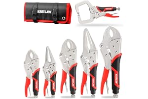 KRETLAW Vice Grips Pliers Set, 6-Piece Locking Pliers Set, 6-1/2”&9-1/2” Long Nose Locking Pliers, 5”, 7” and 10” Curved Jaw Vise Grip Pliers, 6” C-clamp with Rolling Pouch