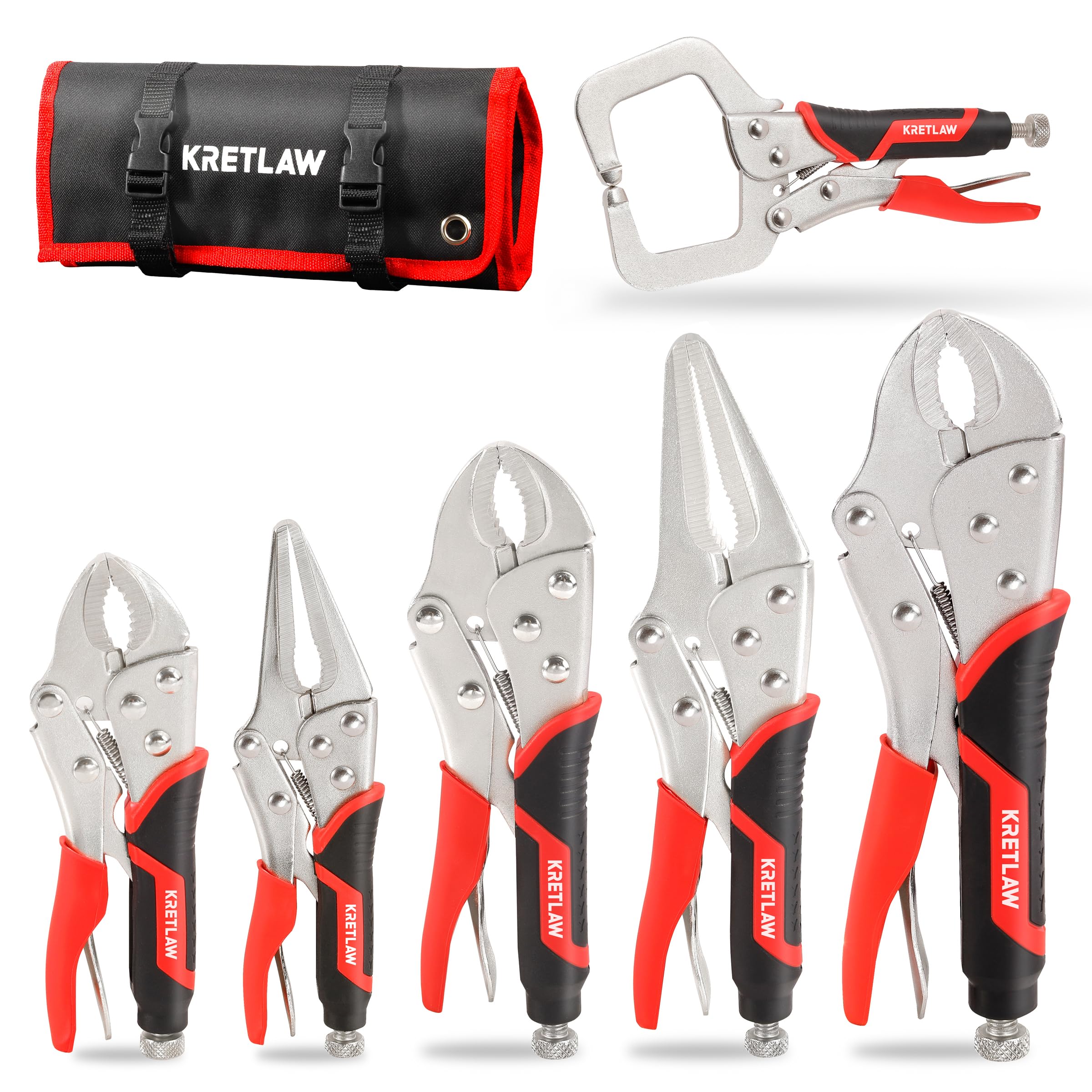 KRETLAW Locking Pliers Set 6PCs, Mole Grips Adjustable Wrench Vice Grips Pliers, 6-1/2”&9-1/2” Long Nose, 5”, 7” and 10” Curved Jaw, 6” C-clamp Locking Pliers with Rolling Pouch