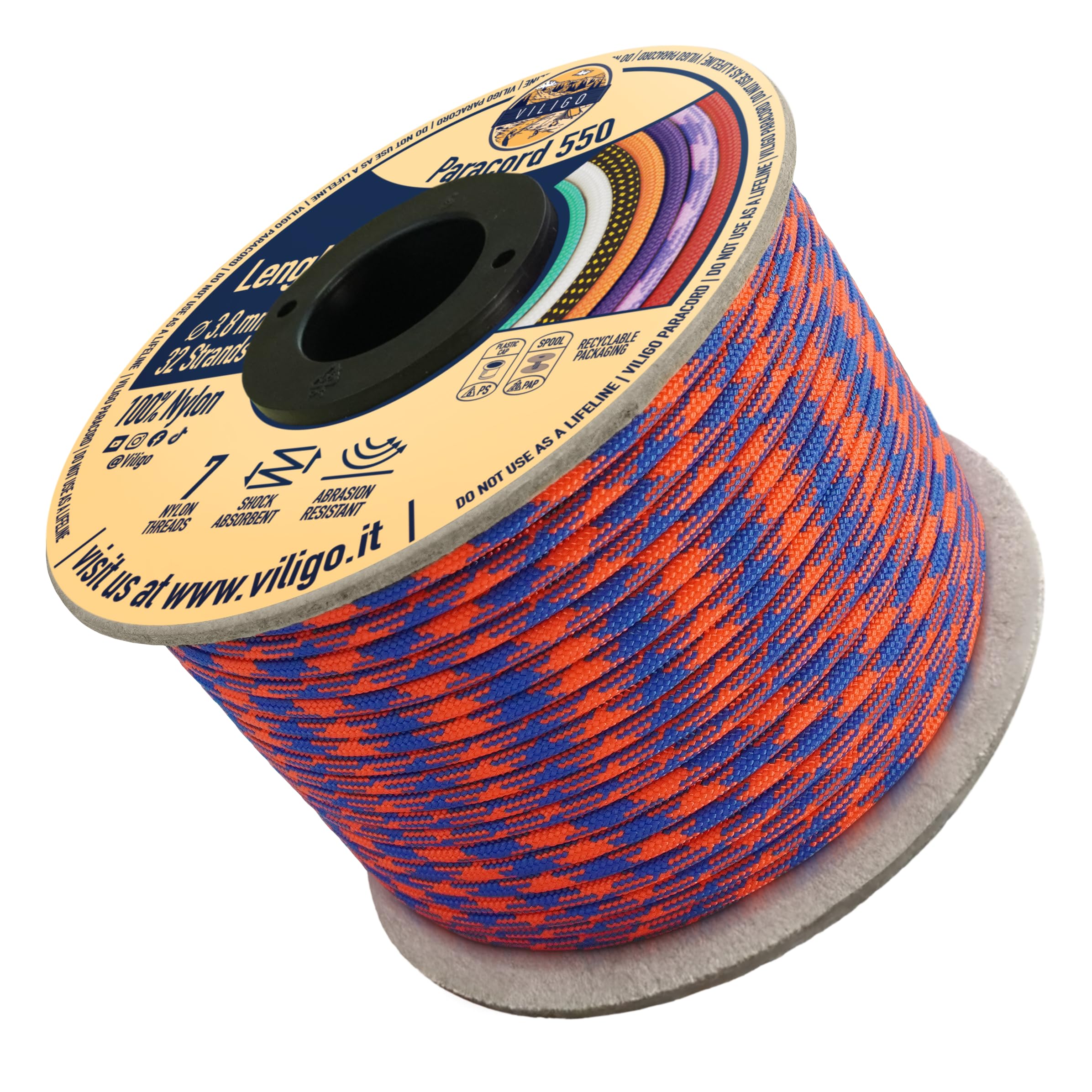VILIGO Paracord 550 - Type III (3.8 mm) - Nylon Braid, 7 Inner Strands, Ideal for Camping, DIY Projects, Bracelet Making and Accessories (50 m, Comet)