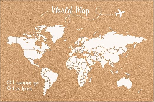 Tablero De Corcho Con Mapa Del Mundo Autoadhesivo | 70x40 Cm | Decoración Y Organización | Para Pared