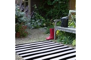 FH Home Outdoor Rug - Waterproof, Fade Resistant, Reversible - Premium Recycled Plastic - Striped - Large Patio, Deck, Sunroom, Camping, RV - Brittany Stripe - Black & White Crease Free - 6 x 9 ft