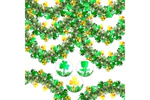 OLIXMLYA 50FT St Patrick's Day Tinsel Garland Green Gold Shamrock Hat Tinsel Garland Clover Tinsel Twist Hanging Garland for Outdoor Indoor Home Tree Room Holiday Disco Party Irish St Patricks Day Decorations