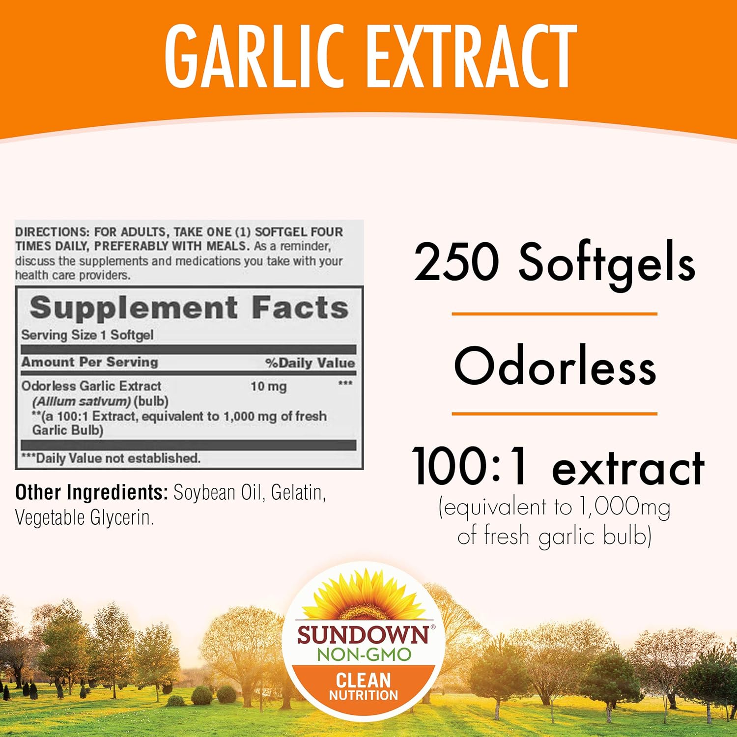 Sundown Garlic 1000 mg, 250 Odorless Softgels (Packaging May Vary) Non-GMOˆ, Free of Gluten, Dairy, Artificial Flavors: Health & Personal Care