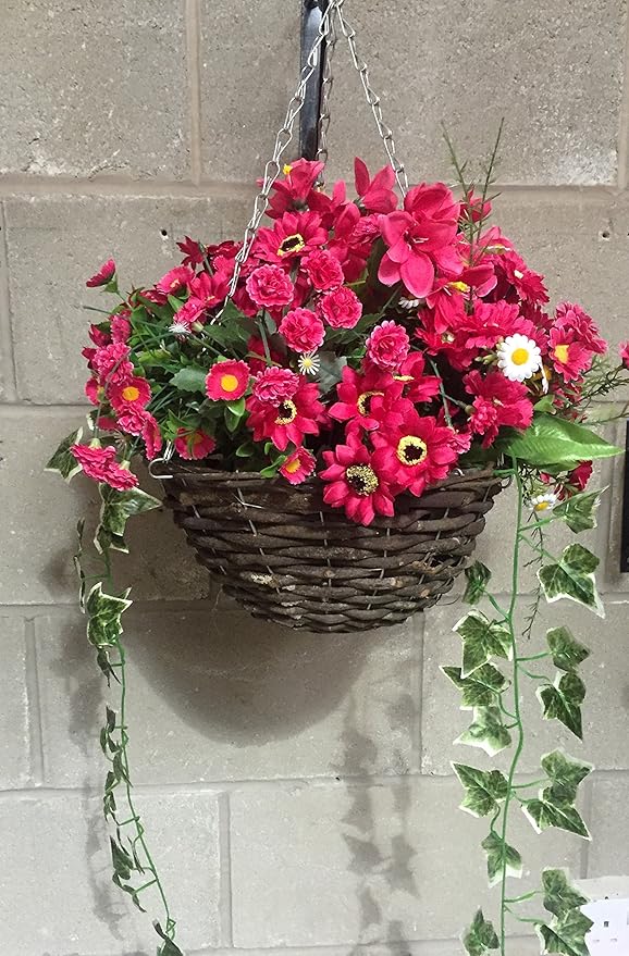 Artificial Flowers Hanging Basket / Outdoor, All Pink, Basket and Bark