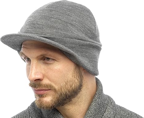 mens knitted beanie hat with peak