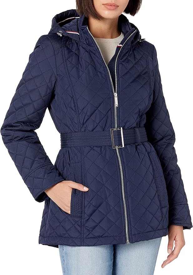 Tommy Hilfiger womens Belted Diamond Quilted Jacket With Hood Amazon