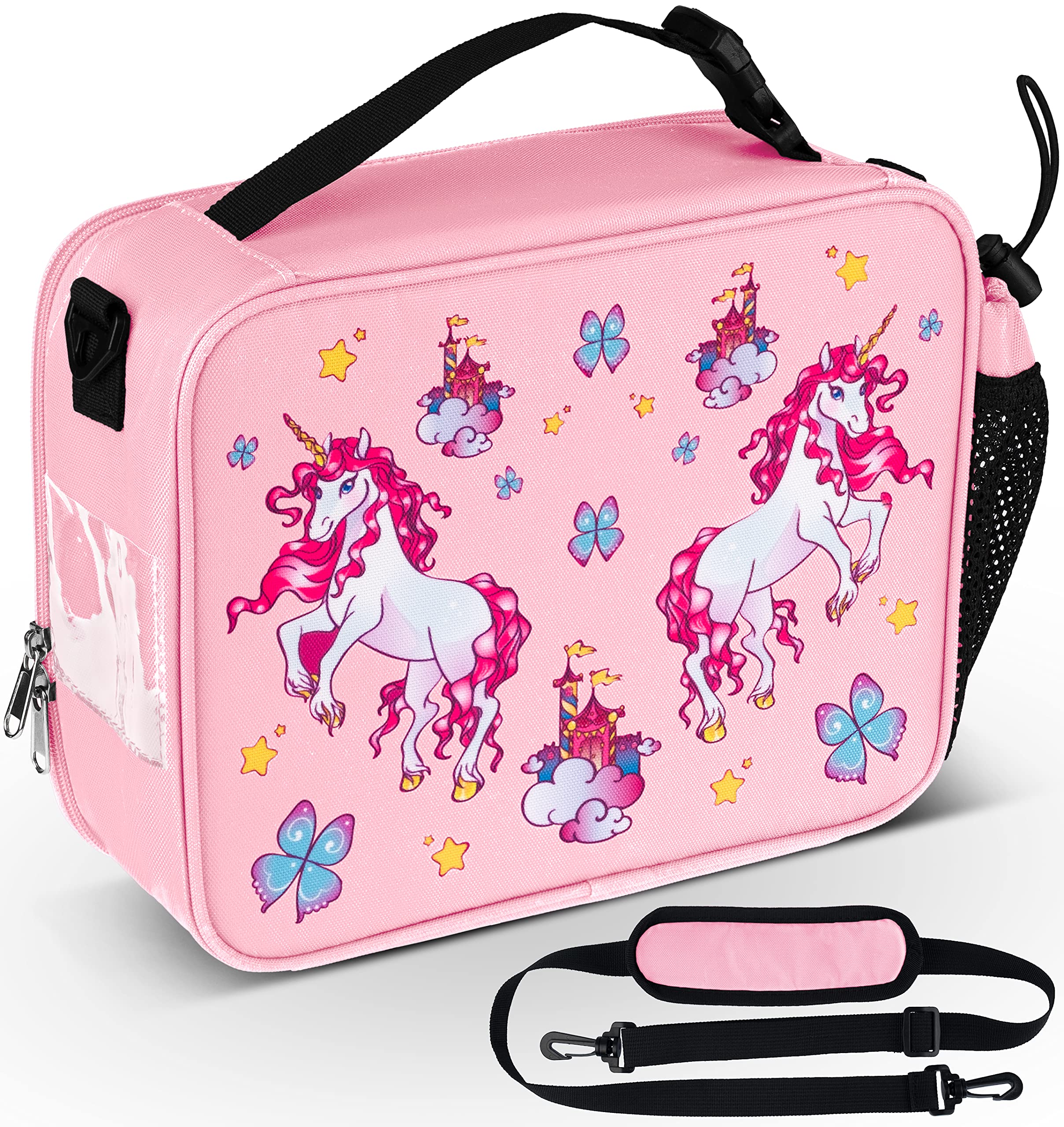 HeavenlyUnicorns Insulated Pink Unicorn Kids Lunch Bag for Girls Child with Bottle Holder, Carry Handle & Shoulder Strap, Kids Lunch Box Snack Box Thermal Cooler Bag for School Picnic Outdoor or Work