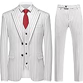 MOGU Mens 3 Piece Pinstripe Suit Slim Fit Double Vents Tuxedo Jacket Vest & Pants Casual Dress Set