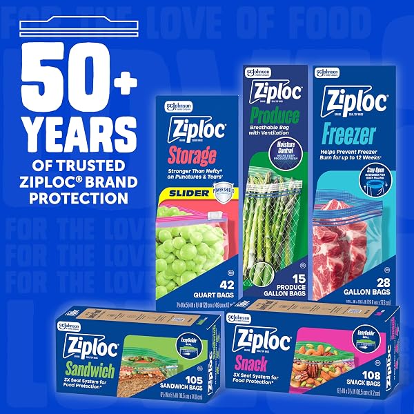 ZIPLOC QUART FOOD STORAGE FREEZER BAGS, GRIP ‘N SEAL TECHNOLOGY FOR EASIER GRIP, OPEN, AND CLOSE, 100 COUNT
