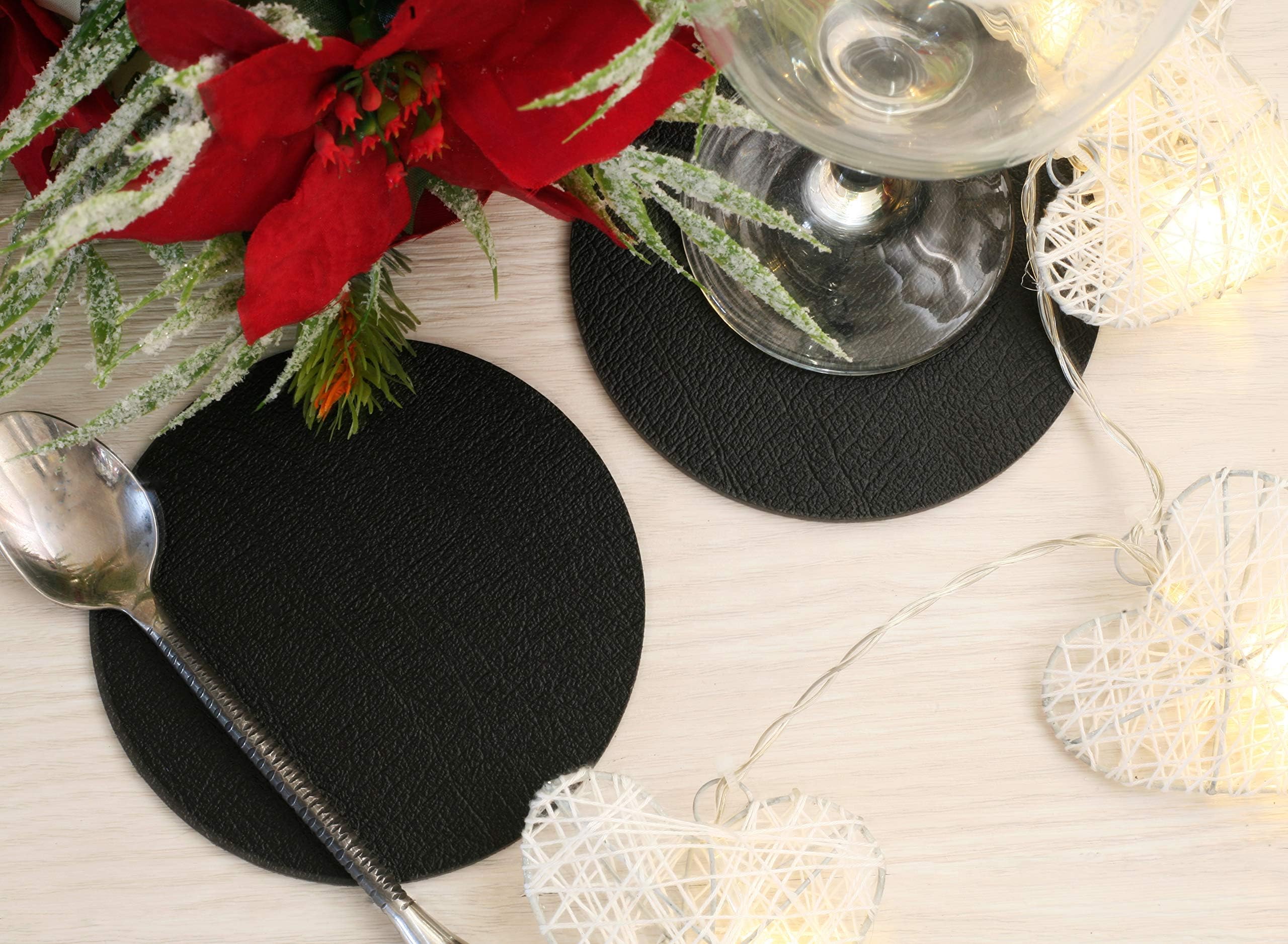 Set of 8 Classic Black Leatherboard Round Coasters - Made in UK