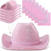 Coume 12 Pcs Sparkly Adults Cowboy Hat and Bandanas Women Men Western Glitter Cowgirl Party Hats with Adjustable Drawstring
