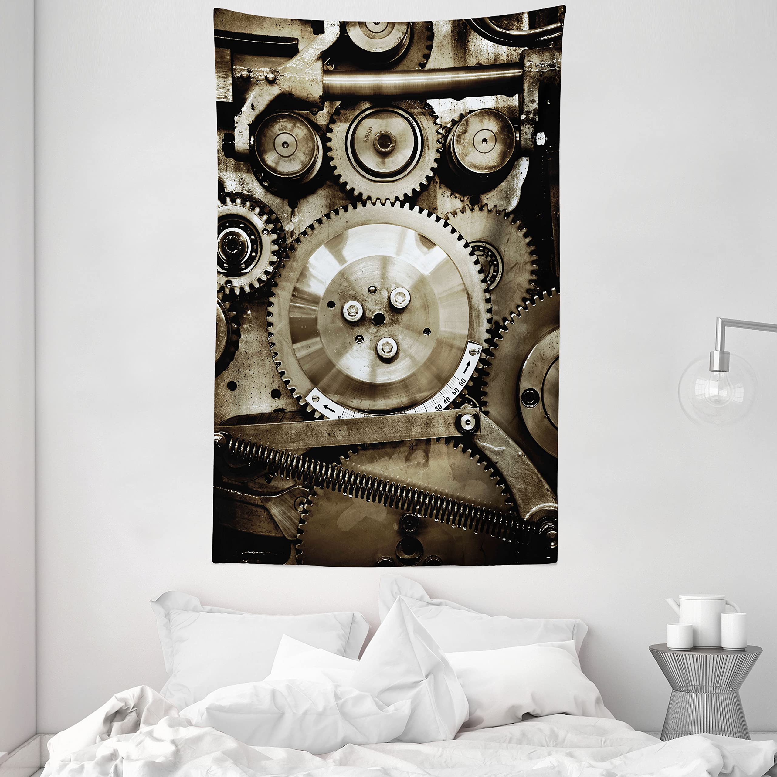 ABAKUHAUS Industrial Tapestry, Pieces of Old Mechanism Close up Gears View Grunge Antique Cogs Technical Image Print, Fabric Wall Hanging Decor for Bedroom Living Room Dorm, 140 x 230 cm, Sepia