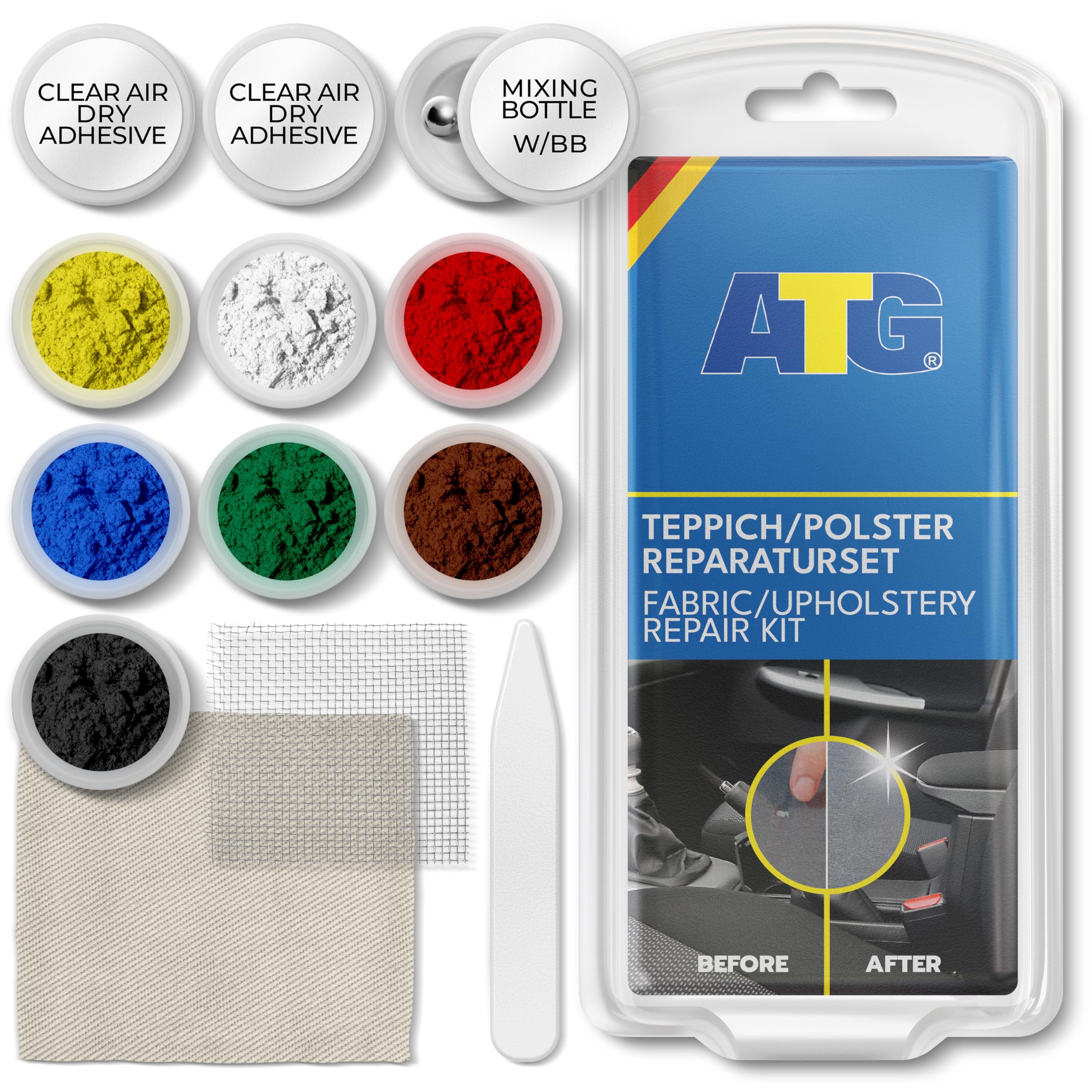 ATG Fabric Repair Kit for Car Seats – Upholstery Repair Kit for Holes, Burns & Tears – Car Seat Fabric Repair for Car Interior, Sofa & Carpet – Multi Colour Fabric Repair