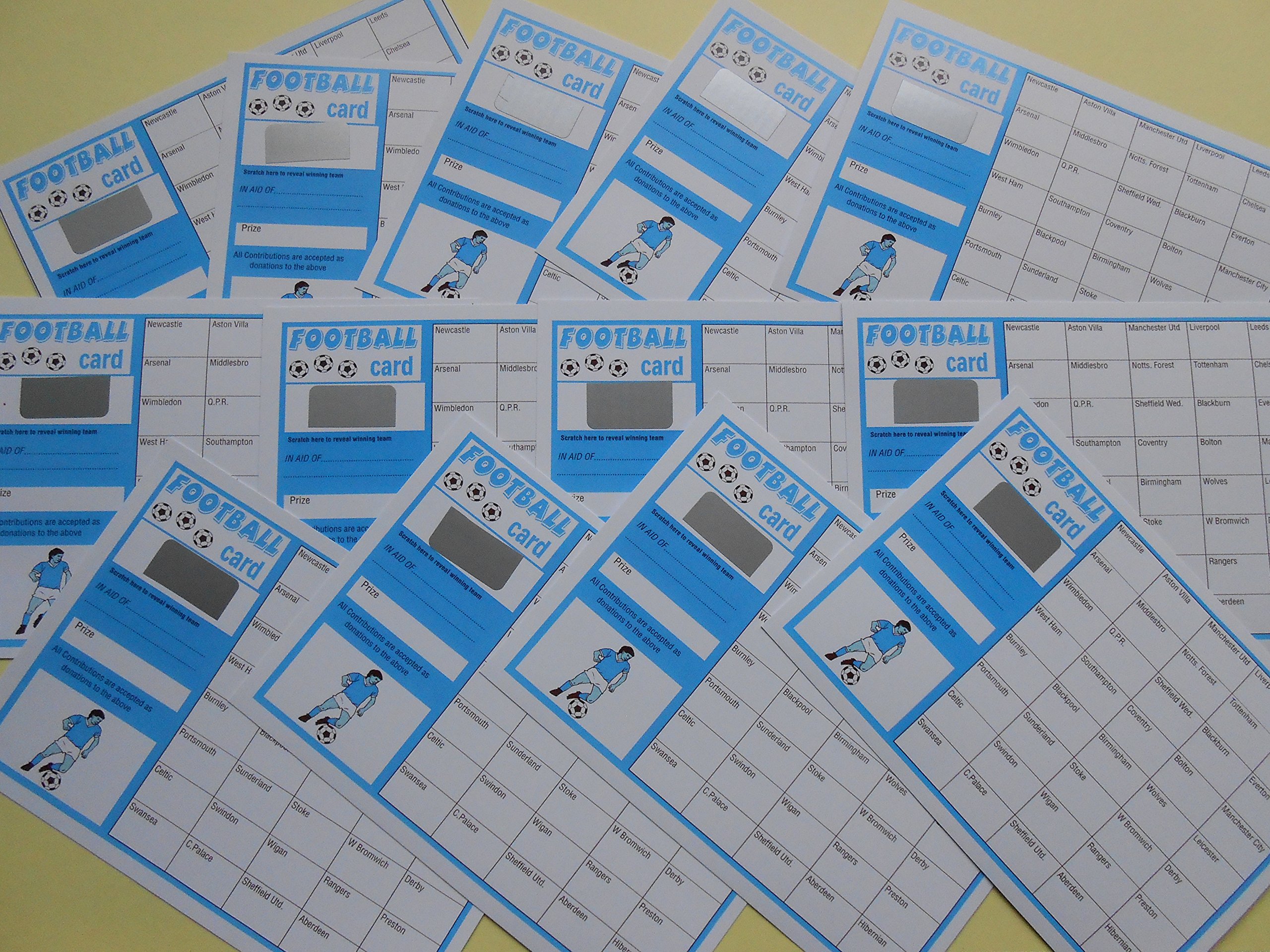 40 spaces FOOTBALL SCRATCH CARDS - PACK OF 25 - BLUE AND WHITE - RAISE £500