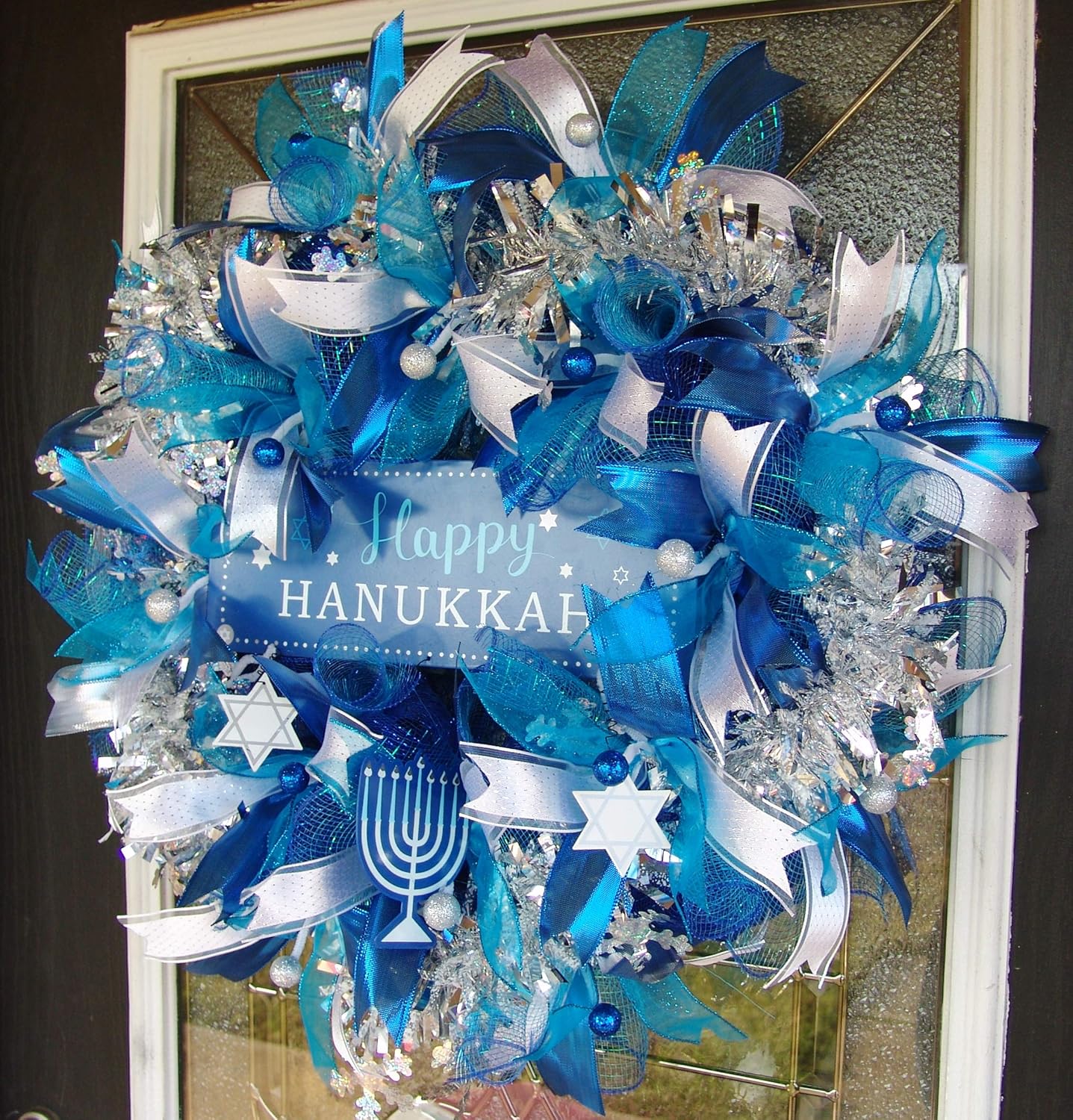 Amazon Com Happy Hanukkah Royal Blue Teal Silver Deco Mesh Front