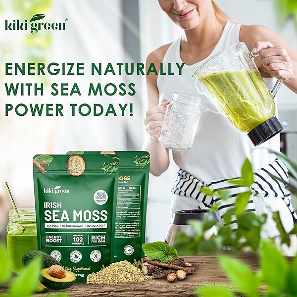 KIKI GREEN IRISH SEA MOSS POWDER 8 OZ – WITH BLADDERWRACK BURDOCK ROOT EXTRACT FOR IMMUNE SUPPORT – KETO, VEGAN SUPPLEMENT