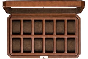 ROTHWELL 12 Slot Leather Watch Box - Luxury Watch Case Display Organizer, Microsuede Liner, Locking Mens Jewelry Watches Holder, Men's Storage Boxes Holder Large Glass Top (Tan/Brown)