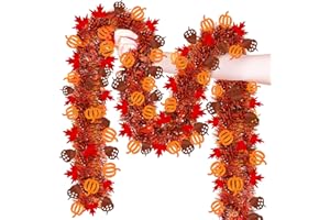 MOSOAN 50Ft Fall Decor Fall Tinsel Garland with Pumpkin Maple Leaf Acorn Fall Decorations for Home, Shiny Metallic Maple Leaves Fall Garland for Mantle Tree Autumn Halloween Thanksgiving Decor Indoor Outdoor