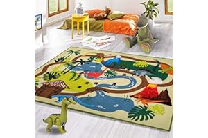 Booooom Jackson Dinosaur Rug,Prehistoric Adventure Play Rug - Polyester with Non-Slip Latex Backing,Dinosaur Land Play Mat Carpet Area Rug for Kids Room