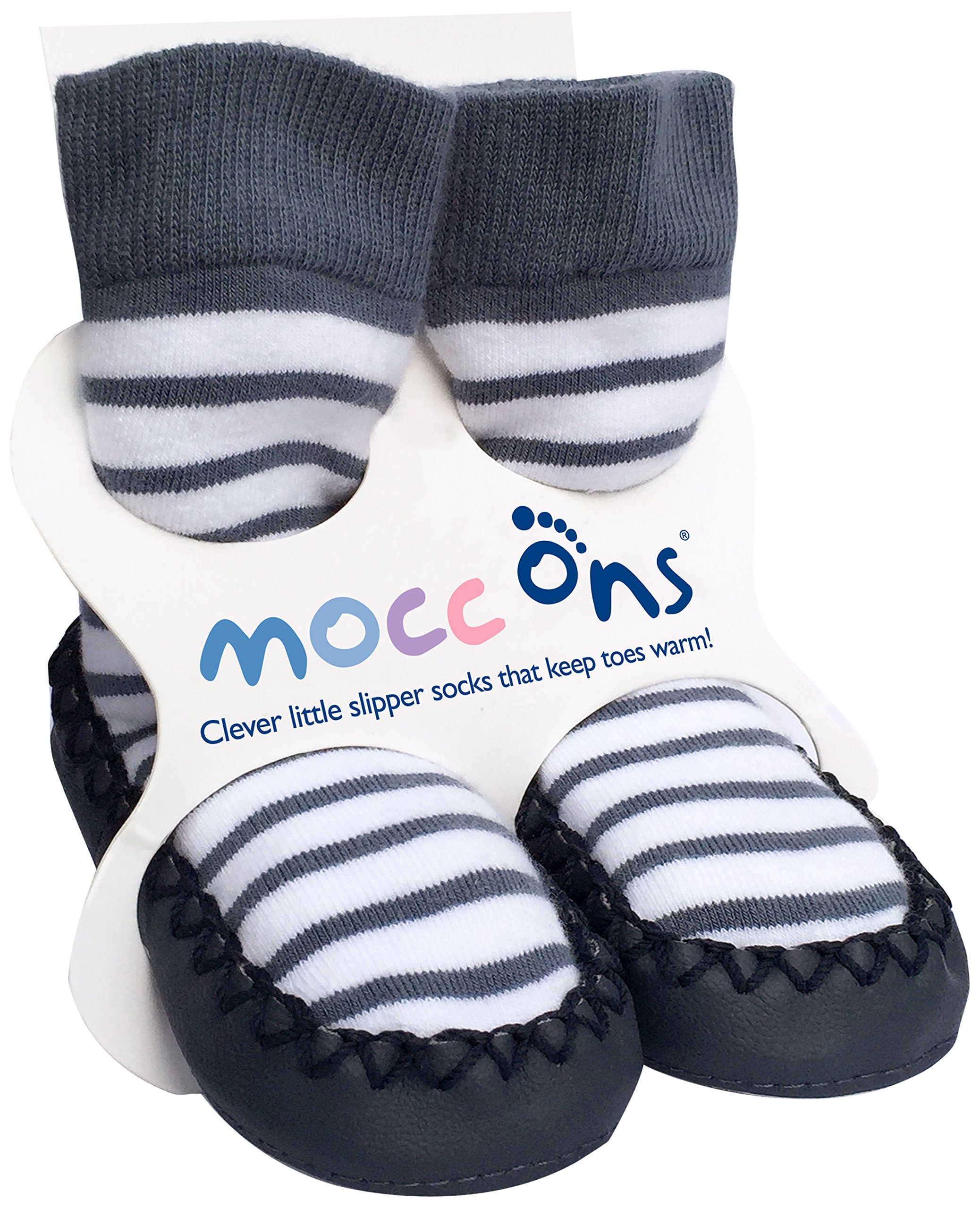 Mocc Ons moccasin washable leather sole slipper socks (18-24 Months, Nautical Stripe)