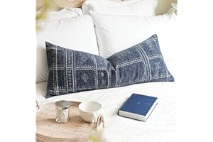 BlissBlush Dark Blue Boho Lumbar Throw Pillow Cover 14X36, Decorative Long Accent Body Lumbar Pillow for Bed, Farmhouse Woven Textured Lumbar Pillowcase for Couch (COVER ONLY)