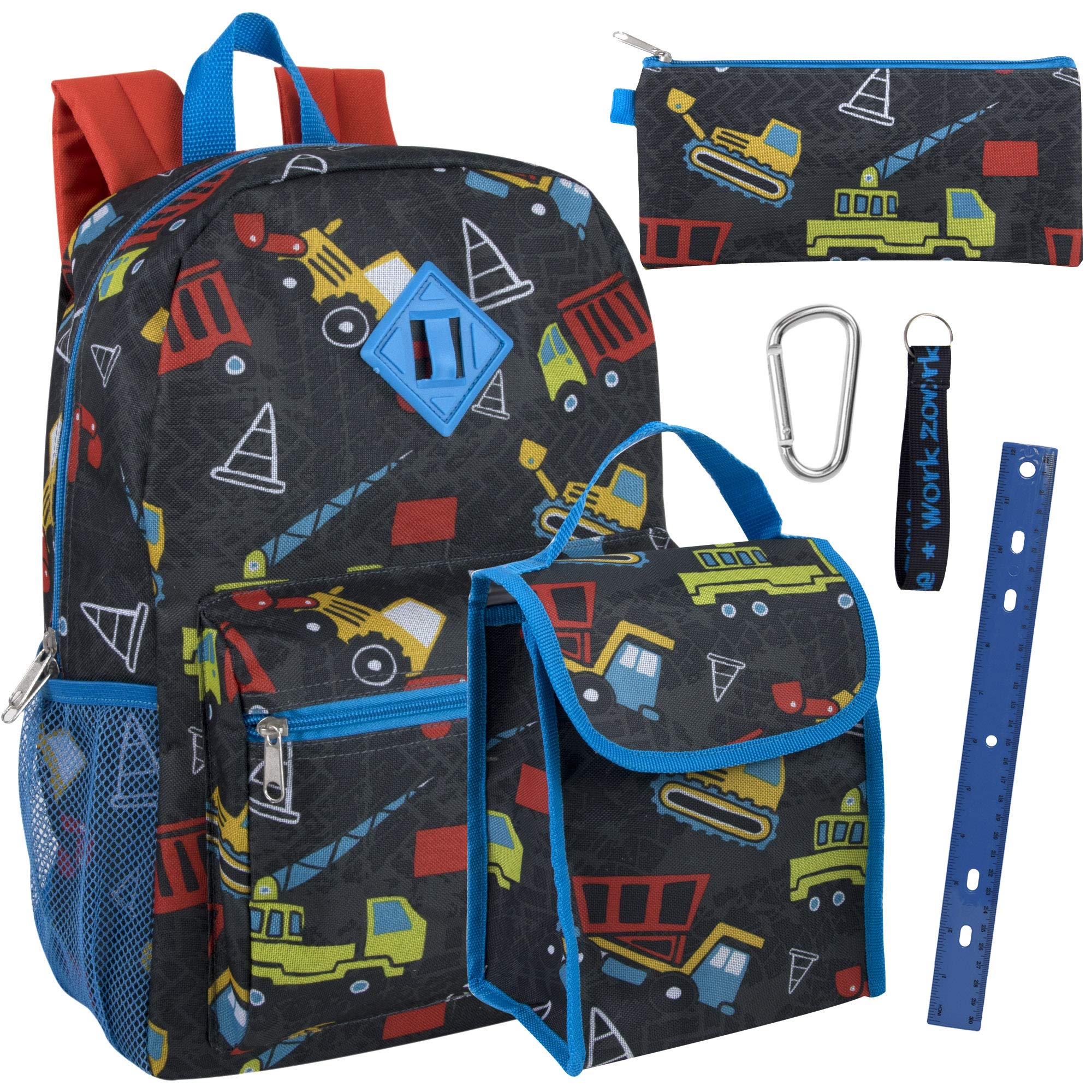 Trail maker Boy's 6 in 1 Backpack Set with Lunch Bag, Pencil Case, Ruler, Clip, and Wristlet Keychain (Construction)