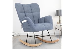 Candockway Rocking Chair for Nursery, Teddy Upholstered Glider Rocking Chairs with High Backrest, Glider Recliner Nursery Chair with Pocket for Bedroom Living Room Offices, Blue