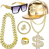 GIFIKOI 80s 90s Hip Hop Costumes Outfit Kit Fake Gold Chain Necklace Dollar Sign Cap Jewelry Set Rapper Accessories